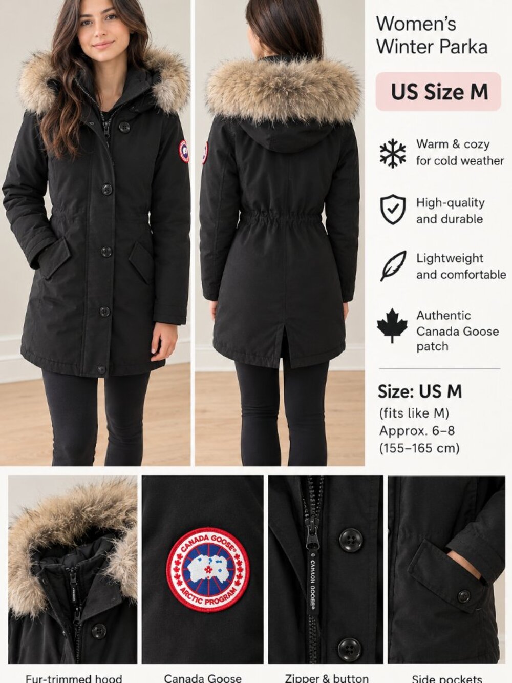 Canada Goose Women’s Black Winter Parka – US Size M with real fur